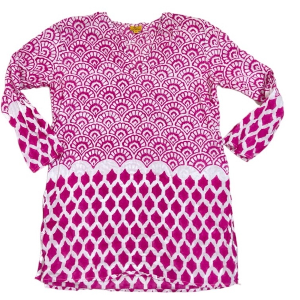 Roberta Roller Rabbit pink sheer geometric tunic top. Size medium